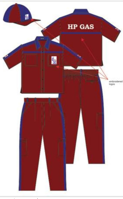 HP GAS VENDOR DELIVERY MAN – Complete Uniform Set. Maroon Shirt with Maroon Trouser & P-Cap