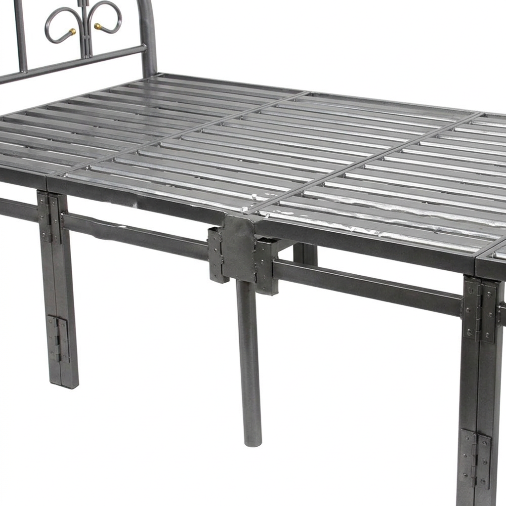 AI-generated detail illustration based on the product photo, showing the grey metal slatted base, side rail and centre support leg.
