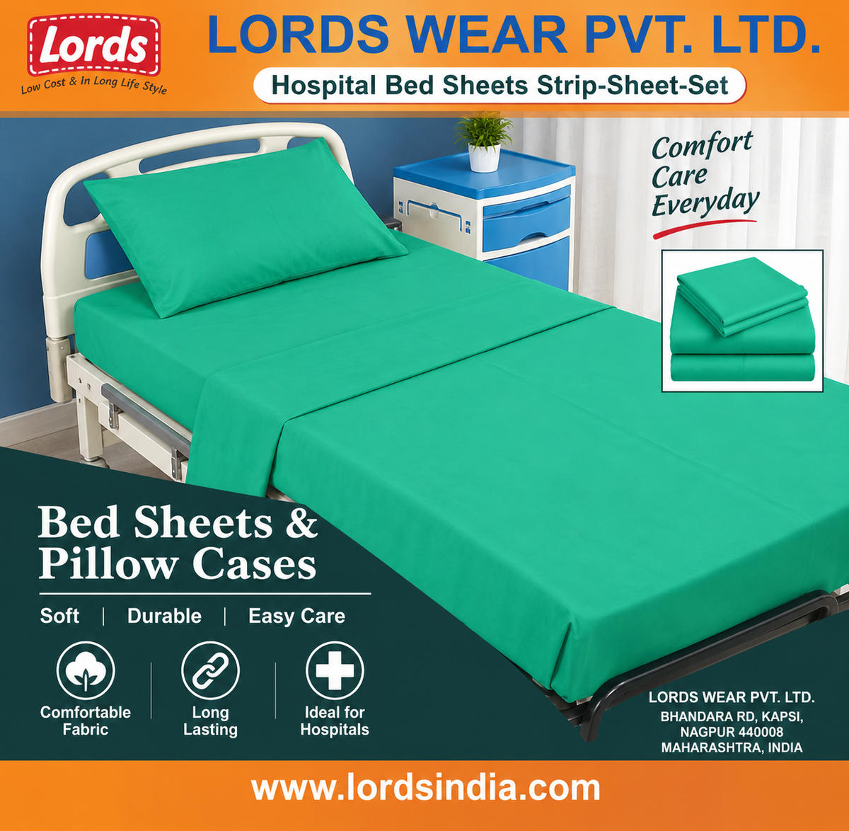 Hospital Bed Sheet with Pillow Cover Set – Striped 210 TC Cotton, 40s Count Rs 295.00