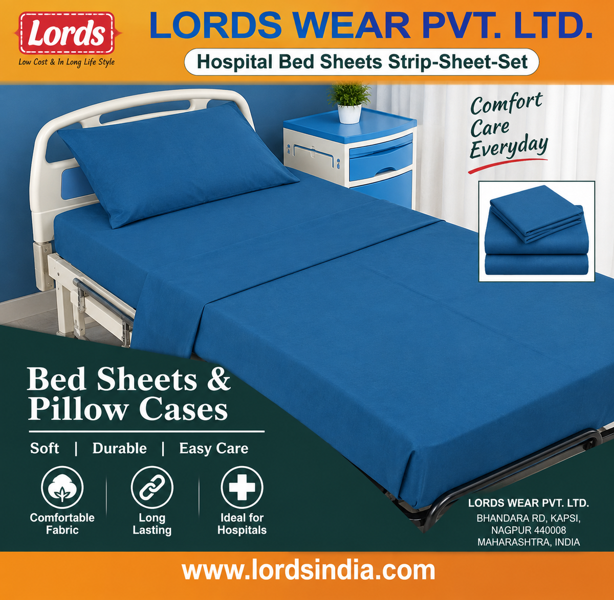 Hospital Bed Sheet with Pillow Cover Set – Striped 210 TC Cotton, 40s Count Rs 295.00