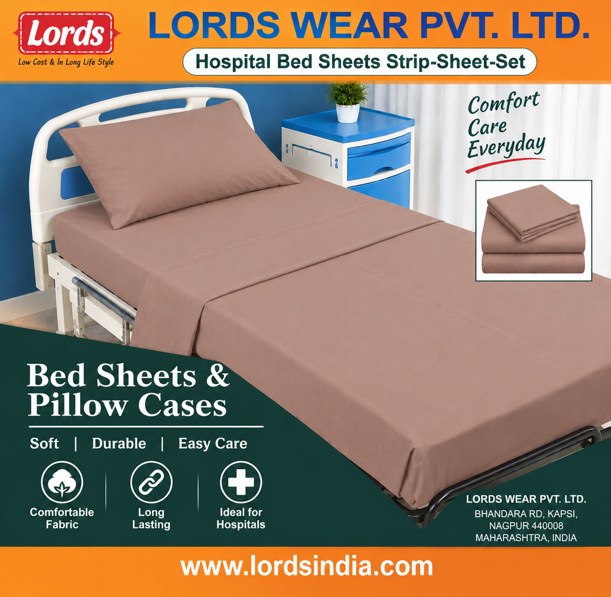 Hospital Bed Sheet with Pillow Cover Set – Striped 210 TC Cotton, 40s Count Rs 295.00
