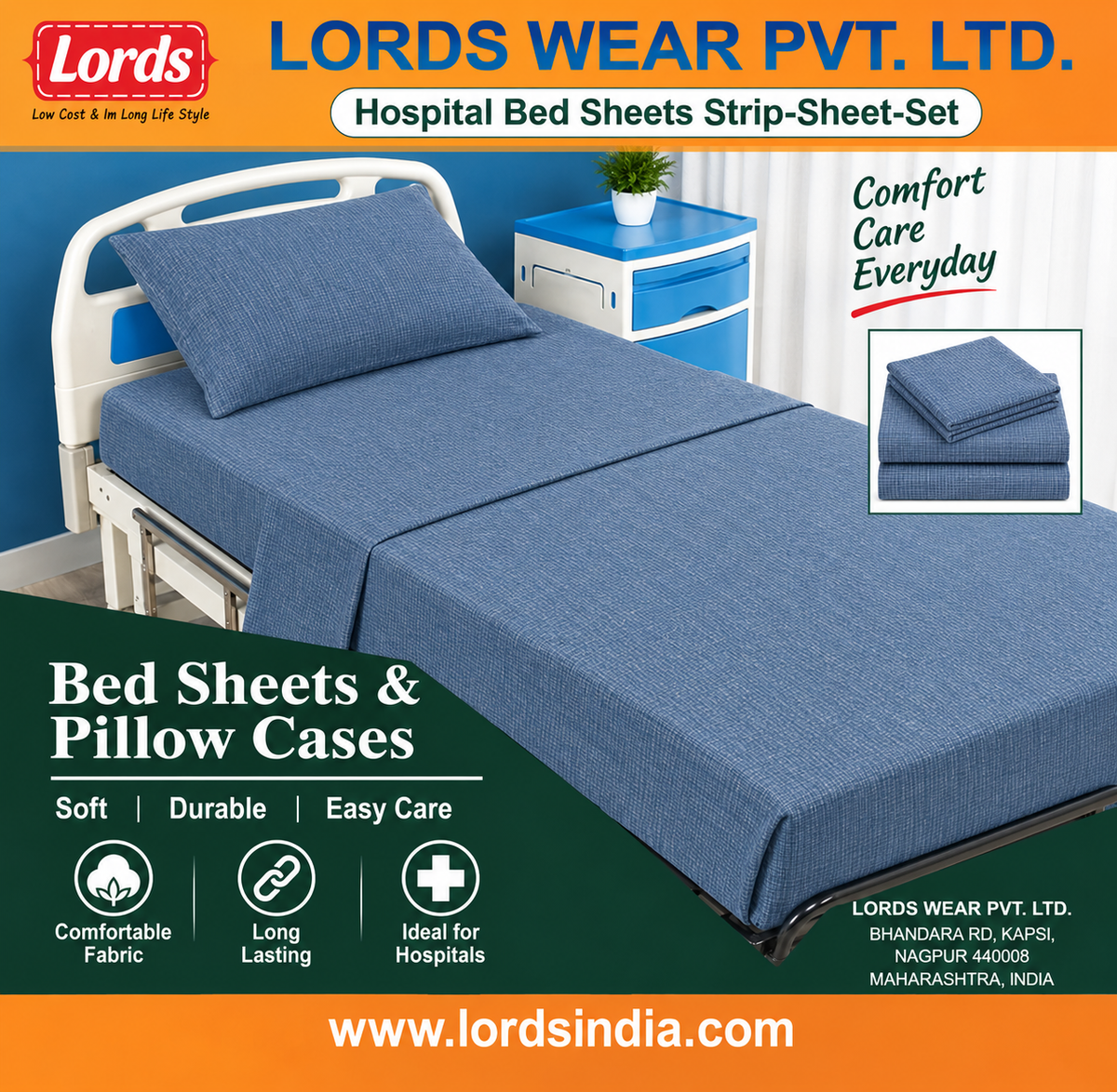 Hospital Bed Sheet with Pillow Cover Set – Fine Check Poly Viscose, Yarn Dyed by Valji Mills ₹263