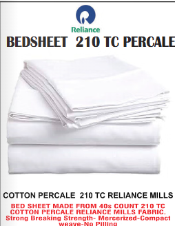 Reliance Mills 210 TC Cotton Percale Bedsheet – 40s Count Premium White Hotel Bed Sheet