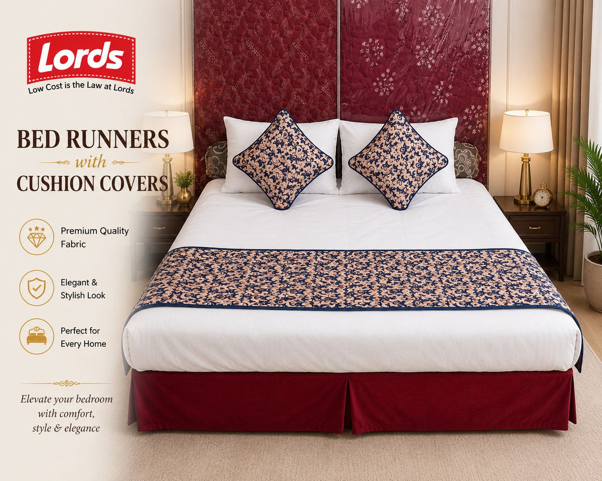 Lords Bed Runner with 2 Cushion Covers – Reversible, 3-Layered & Quilted, Premium Jacquard – RS 795 PER SET
