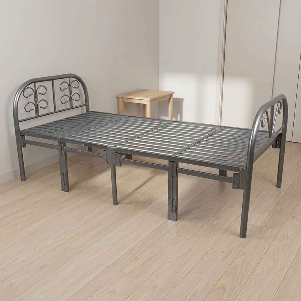 AI-generated room illustration based on the product photo, showing the unfolded grey metal bed with slatted base and decorative headboard and footboard.