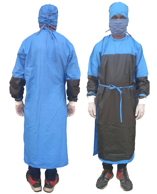 SURGEON GOWN COTTON BLUE CASEMENT WITH WATERPROOF FABRIC STITCHED ON CRITICAL AREA FOR PROTECTION