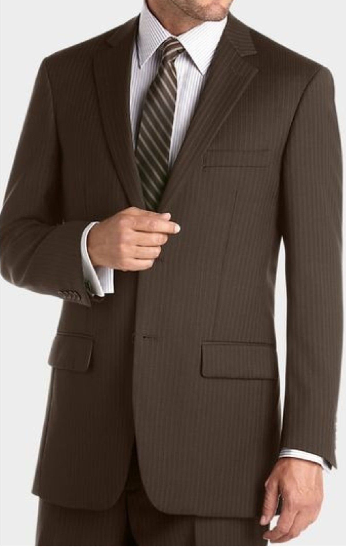 Suit Brown Stripe Complete Two Button Blazer, Trouser, Shirt & Neck Tie. PRICE RS 1899 PER PIECE. MOQ 1