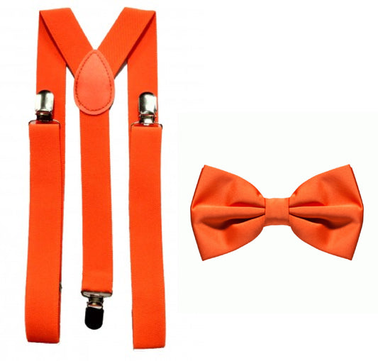 SUSPENDERS ORANGE WITH ORANGE BOW TIE . UNISEX FREE SIZE FITS ALL.